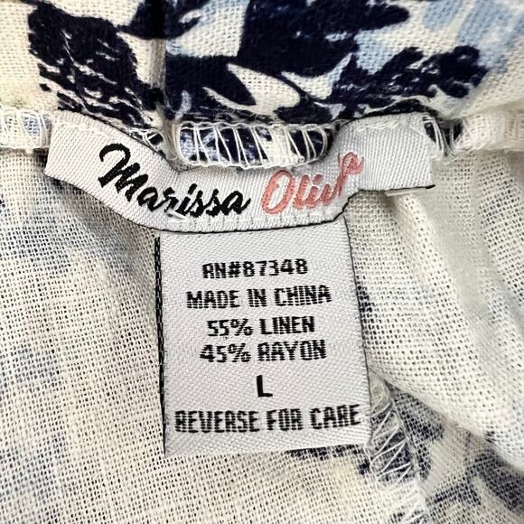 Marissa Olivia Womens Linen Blend Midi Skirt Large White Navy Floral Pull On - Picture 4 of 5